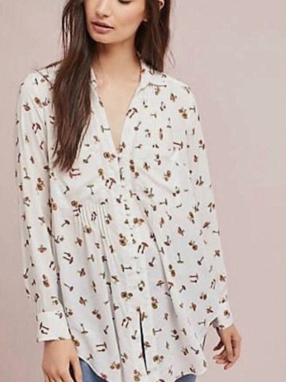 White Mushroom-Print Button Front Women’s Top Anthropologie Maeve
